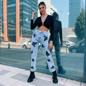 ✨Adika | Butterfly Printed Ankle Cropped Mom Denim Jeans